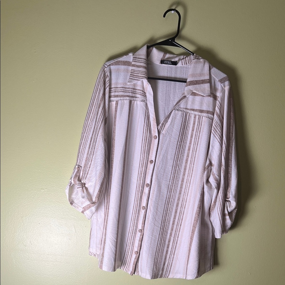 Cure 3XL Beige and White Striped Button-Down Shirt